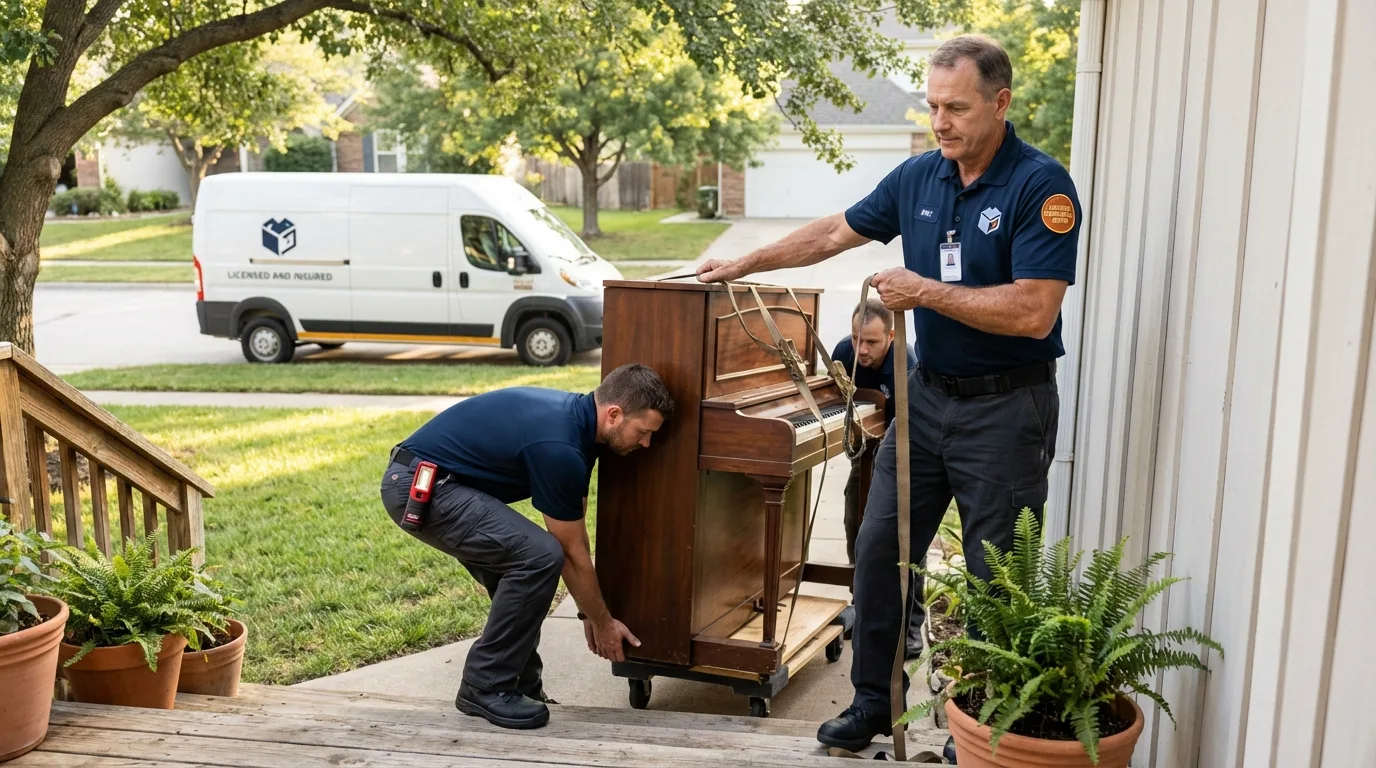 Licensed piano movers securing grand piano in Livingston, NJ