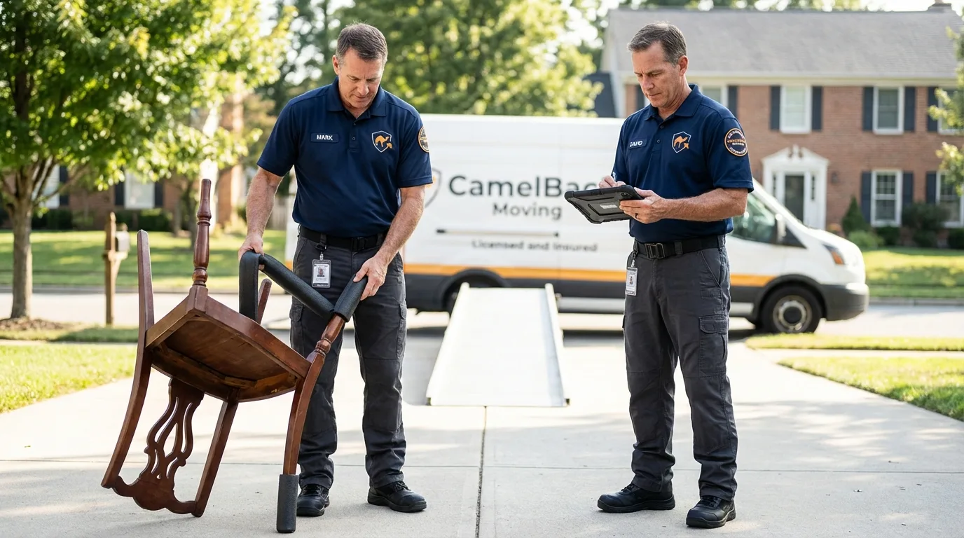 Movers inspecting furniture for damage prevention before loading in Livingston, NJ