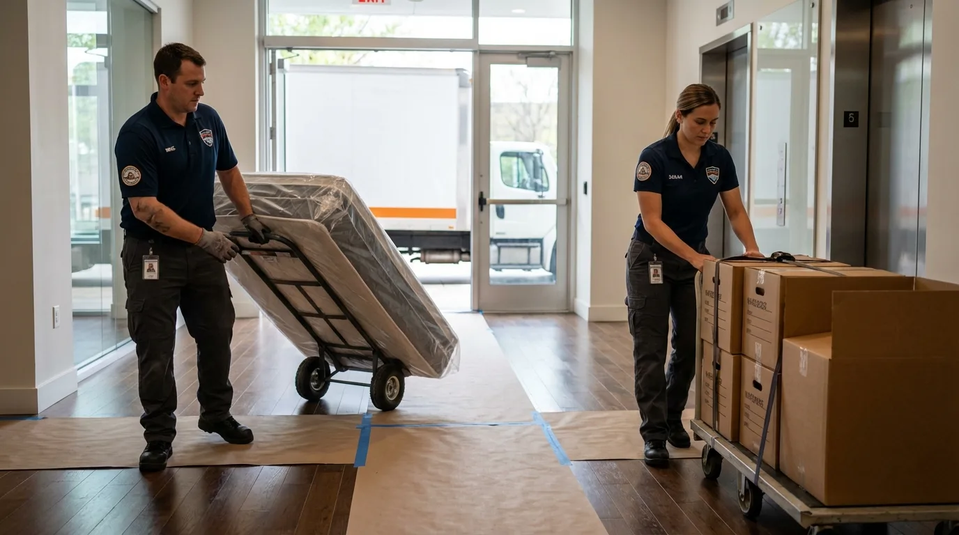 Professional apartment movers loading elevator in Livingston, NJ