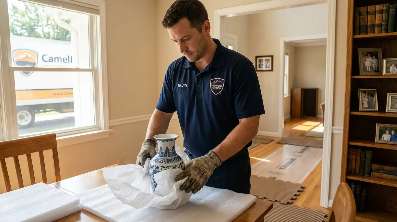 Professional crew carefully wrapping antique vase for senior downsizing move in Livingston, NJ
